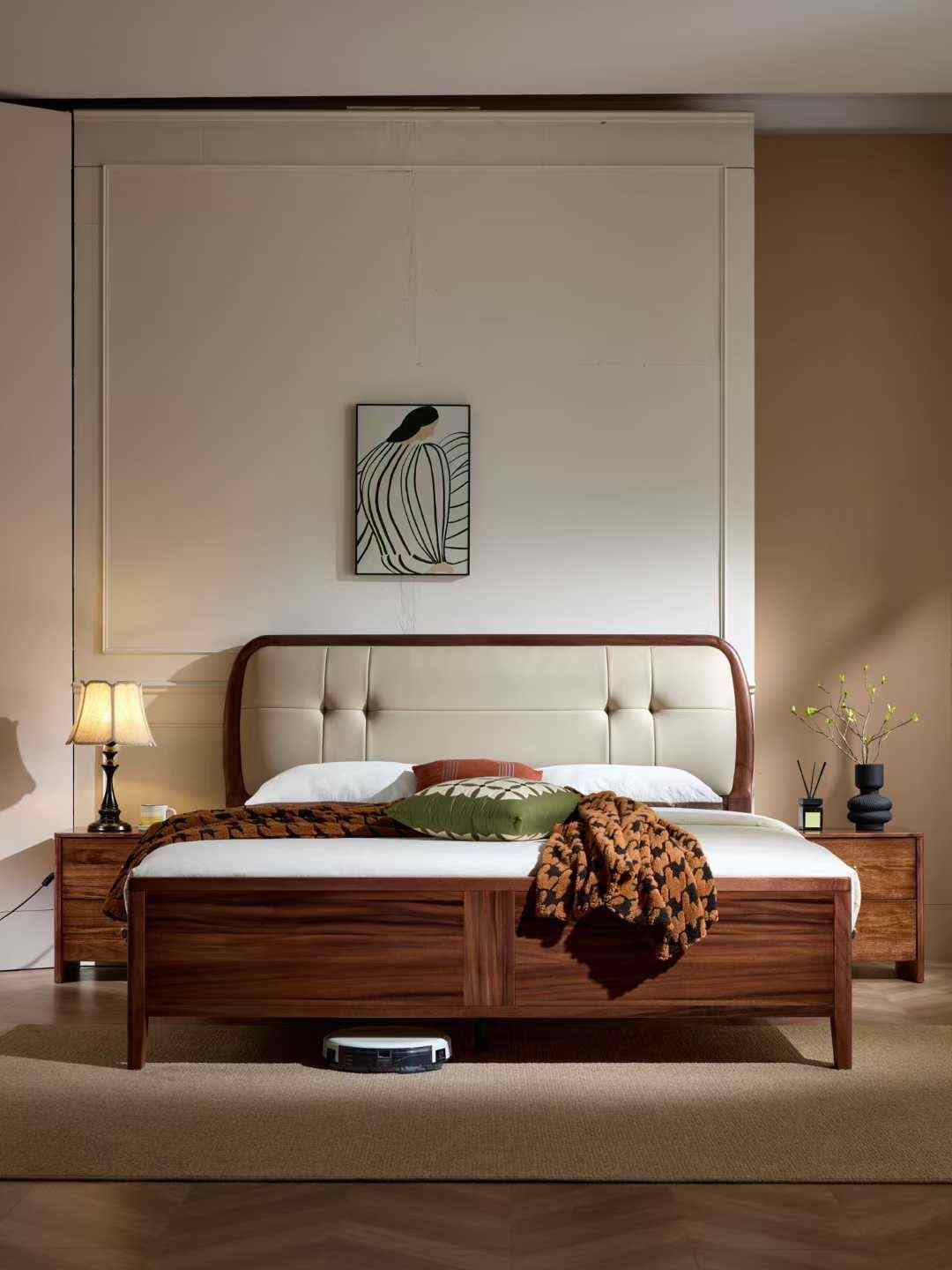 99系列#黑胡桃色软靠 材料：黑胡桃木 规格：1.5/1.8米 标配：3*20月牙桉木床边，3*6*7杉木床子 橡木卡槽：4*17橡木床边，卡槽床子 杉木高配：4*17杉木床边，2公分厚杉木满铺床板(图1)