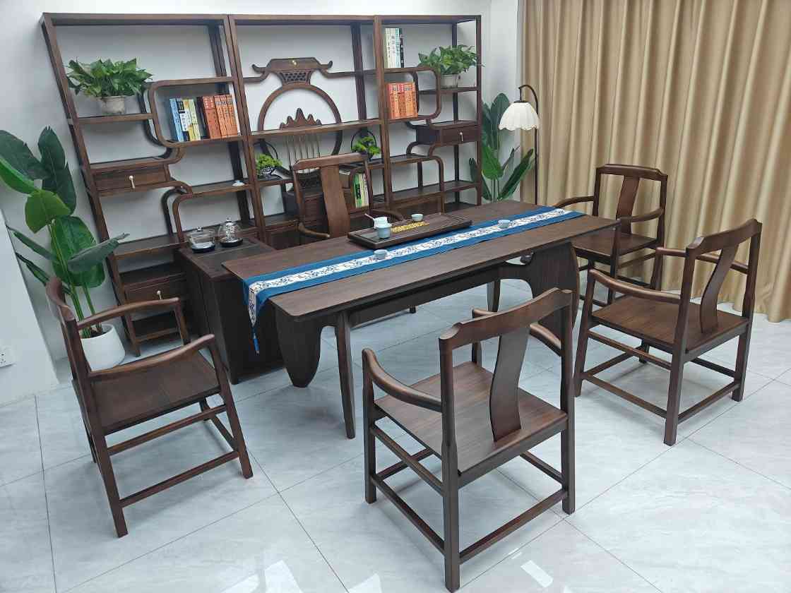 福瑞呈祥大板茶台（新款） 【规格】200/220/240*90*74CM长宽高 【材质】非洲檀木 【颜色】北美黑胡桃 全实木大板，宋氏美学风， 甄选品质，质量过硬，总裁首选(图2)